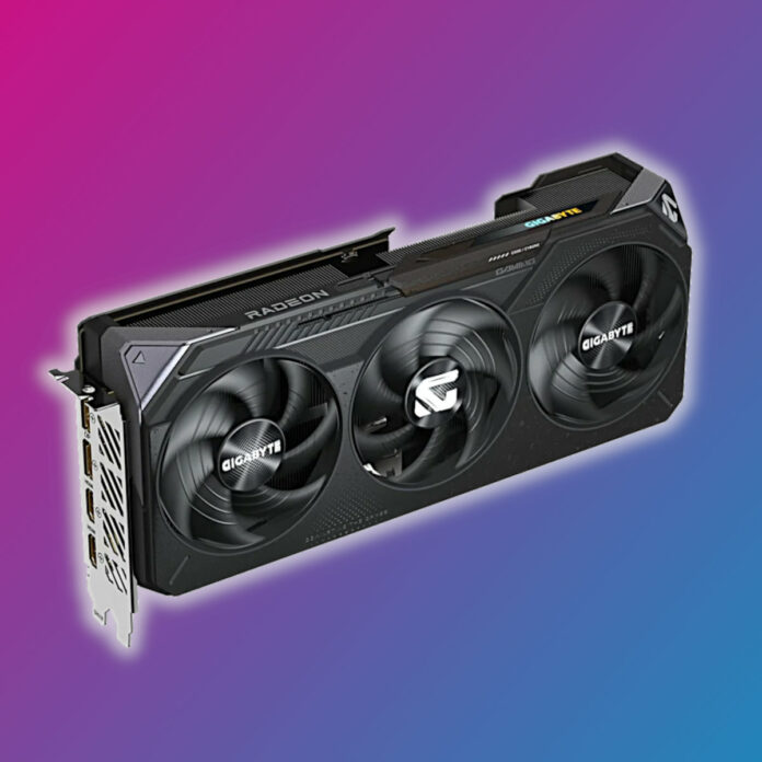 Gigabyte Radeon RX 9070 graphics card, surrounded by a white glow, floating against a pink-blue background.