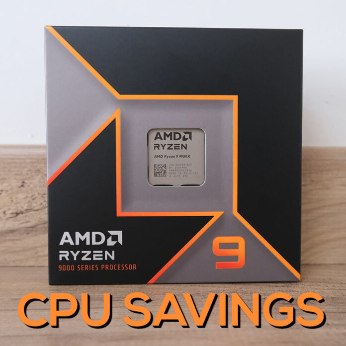 Ryzen 9 9950X in its retail packaging, with text 'CPU savings' written below it.