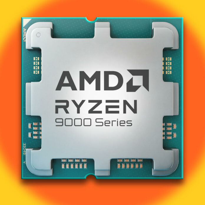 AMD Ryzen 9 9950X3D render against an orange and yellow background.