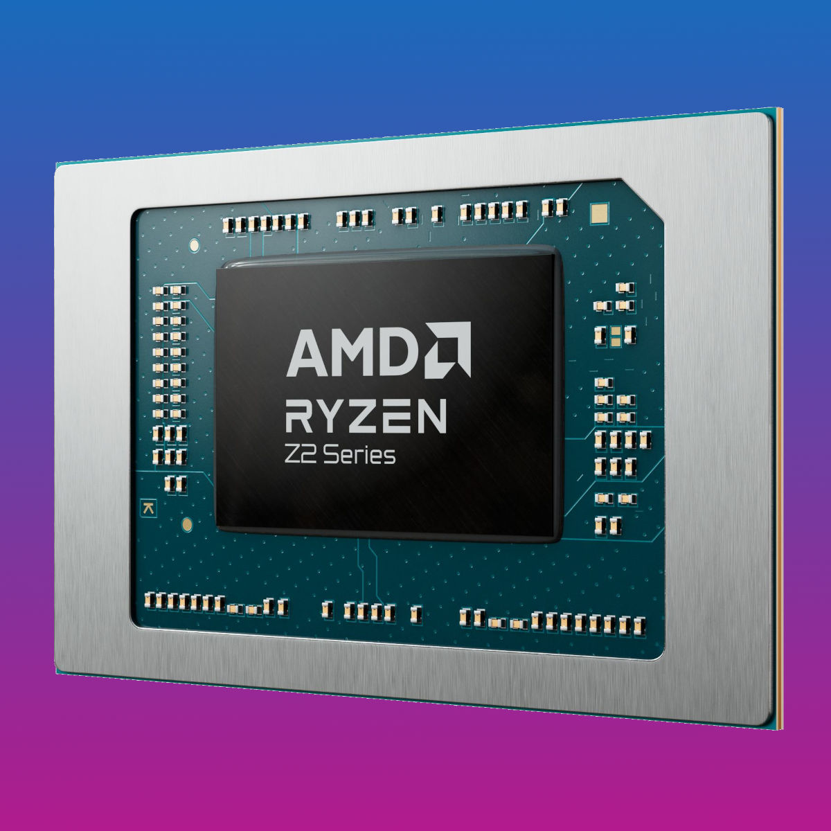 Chip shot of Ryzen Z2 APU, against a two-tone blue and pink background.