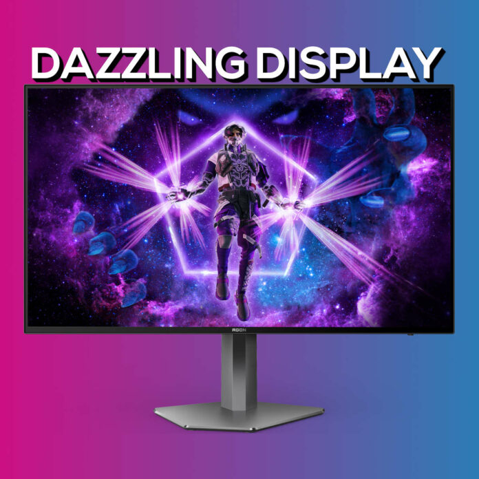 AOC Agon Pro AG276QZD monitor, against a blue-pink background, with the text 'dazzling display' floating above it.