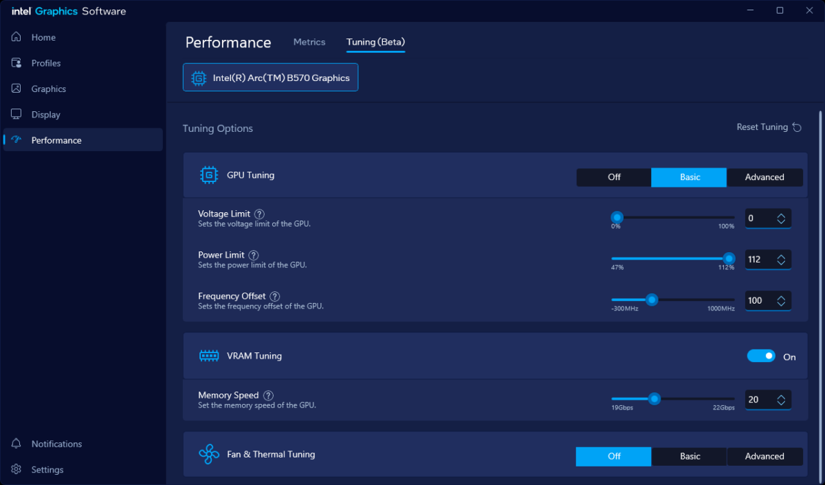 Screenshot of Intel Graphics Software 'Tuning' tab, containing various sliders and options to overclock Arc graphics cards.