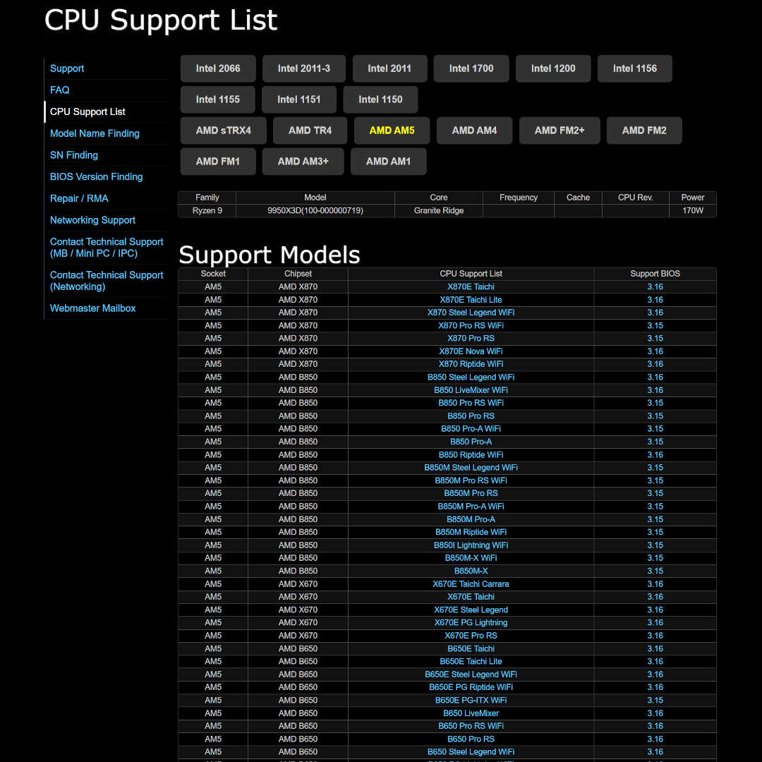 List of ASRock motherboards that support AMD Ryzen 9 9950X3D CPU.