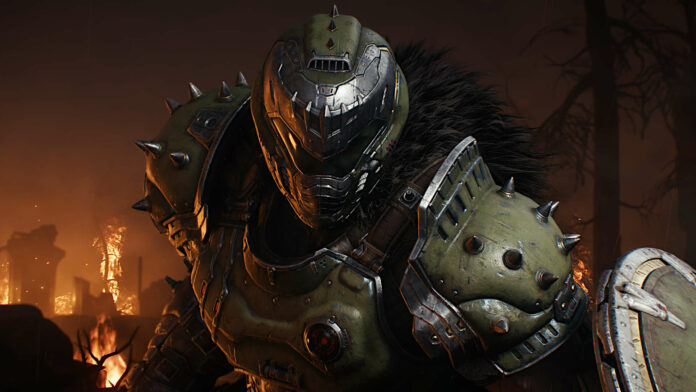 Doom: The Dark Ages protagonist, Doomslayer, stares towards the camera.