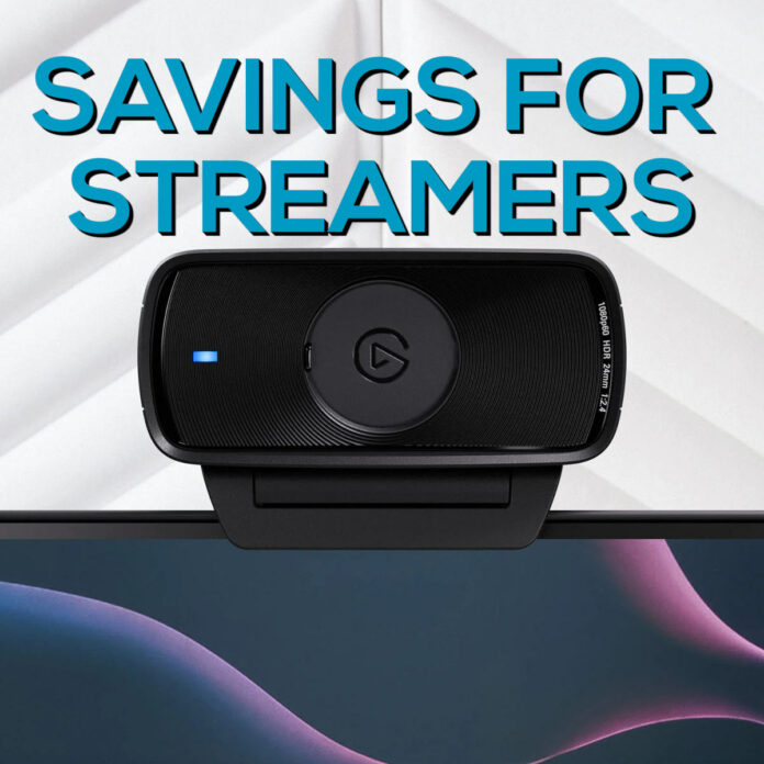 Elgato Facecam MK.2 webcam, sat atop a monitor, with the text 'savings for streamers' floating above it in blue.