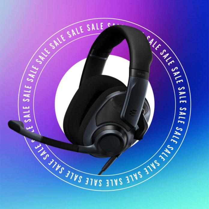 EPOS H6Pro Open Back headset, surrounded by a circle of the word 'sale'.