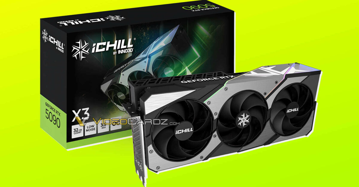 Inno3D GeForce RTX 5090 graphics card with Videocardz.com watermark.