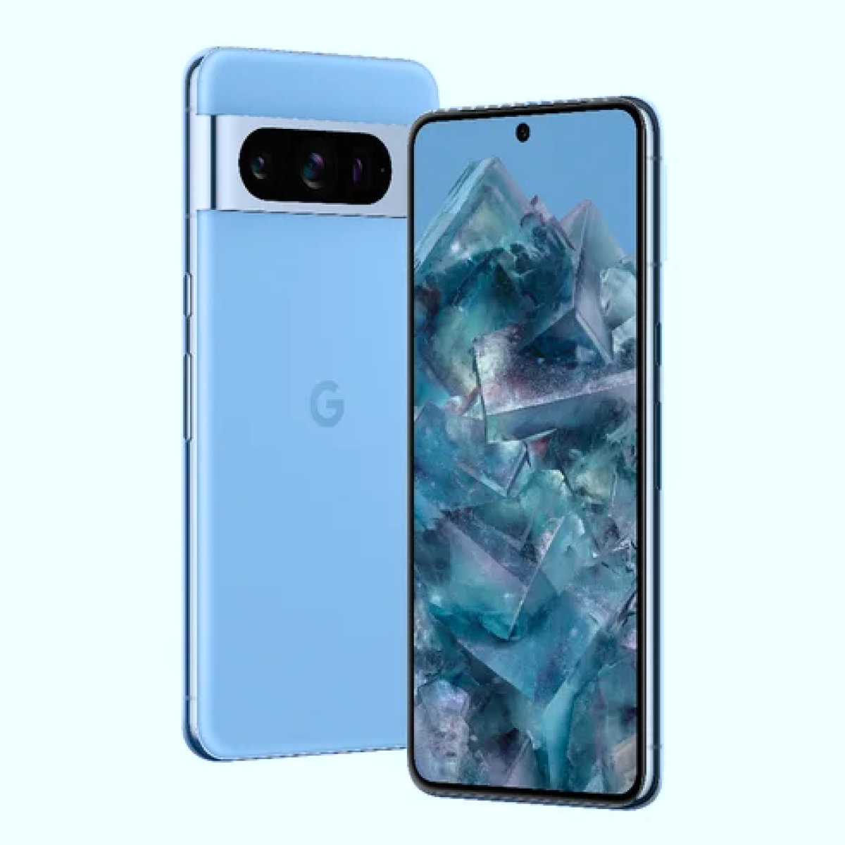 Pixel 8 Pro standing upright showing front and back.