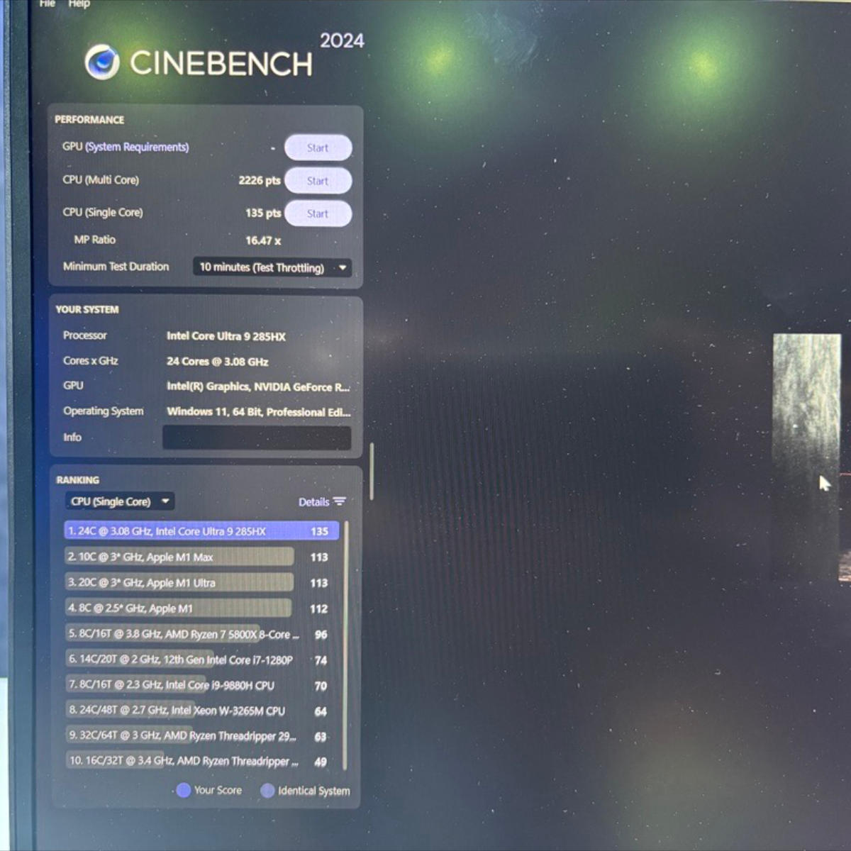 Intel Core Ultra 9 285HX Cinebench 2024 scores.