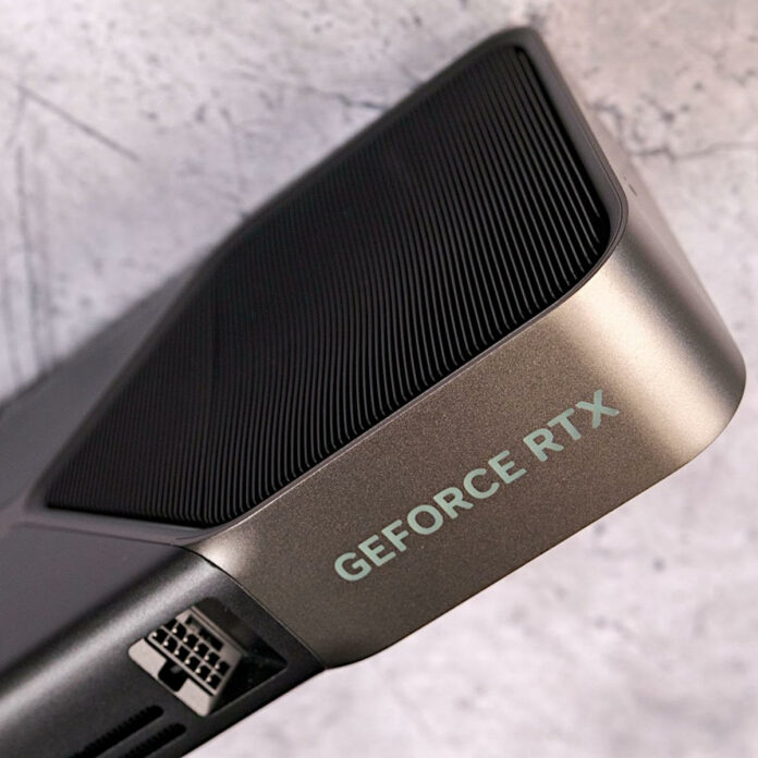 Close up of GeForce RTX 5090 Founders Edition, highlighting its 'GeForce RTX' logo and 16-pin power connector.