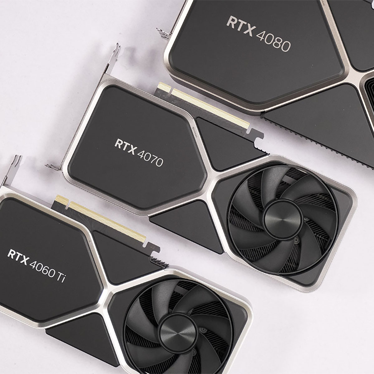 Close up of RTX 4060 Ti, RTX 4070 and RTX 4080