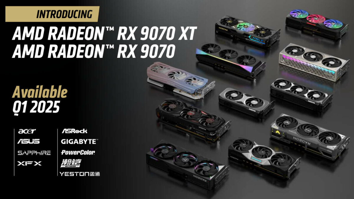 Radeon RX 9070 Series graphics card slide from AMD CES 2025 conference, detailing board partners and availability.