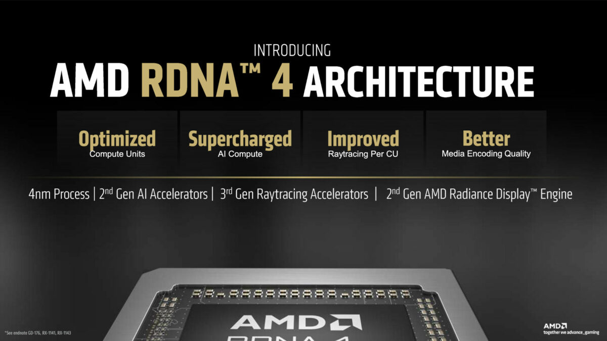 RDNA 4 slide from AMD CES 2025 keynote, detailing the major improvements offered by the architecture.