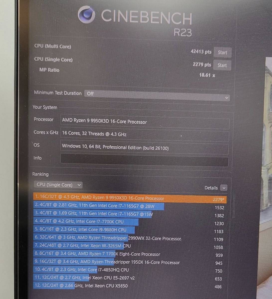 AMD Ryzen 9 9950X3D in Cinebench.