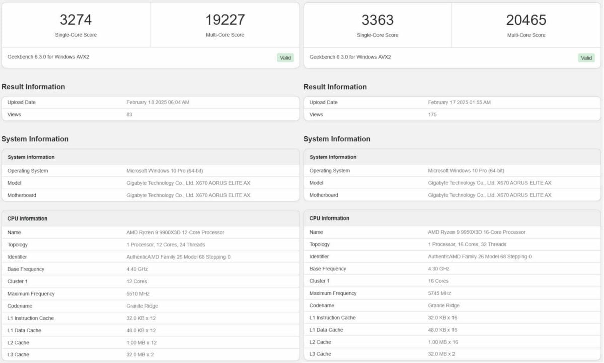 AMD Ryzen 9950X3D and 9900X3D Geekbench results.