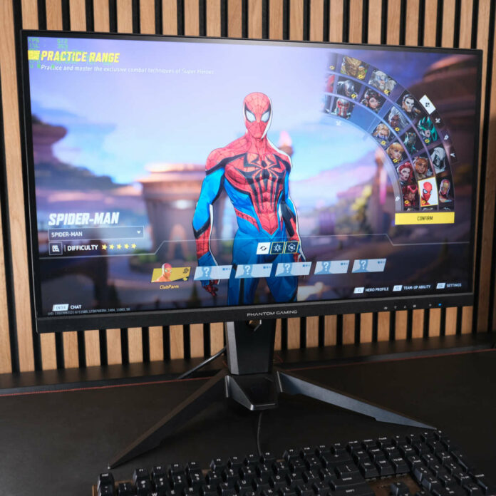 ASRock PG27FFX2A with Marvel Rivals running, showcasing Spider-Man.