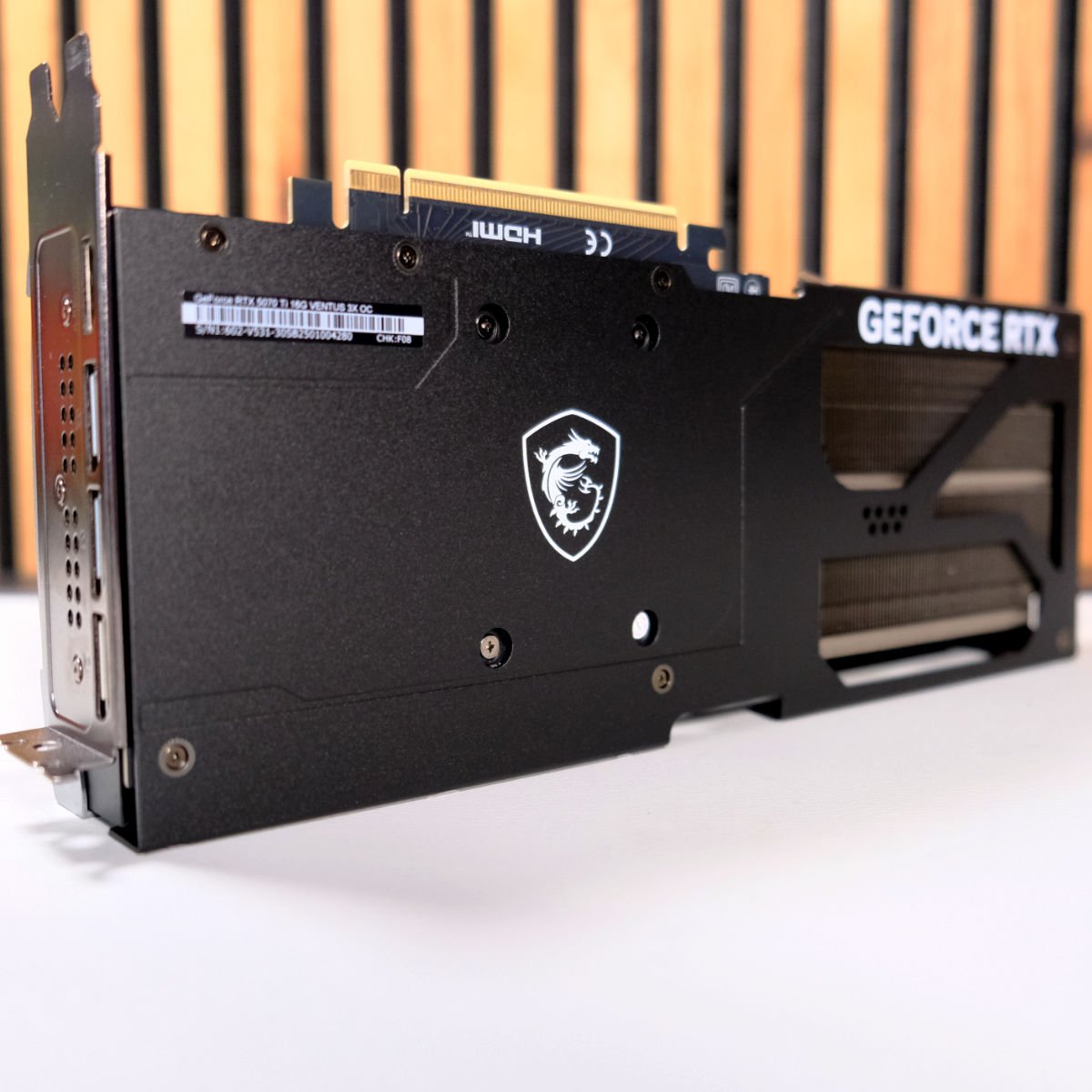 MSI GeForce RTX 5070 Ti Ventus 3X backplate, with MSI logo.