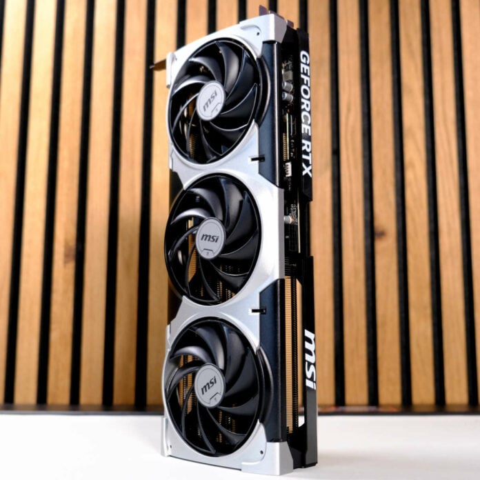 MSI GeForce RTX 5070 Ti Ventus 3X graphics card standing upright with its trio of fans facing forward.