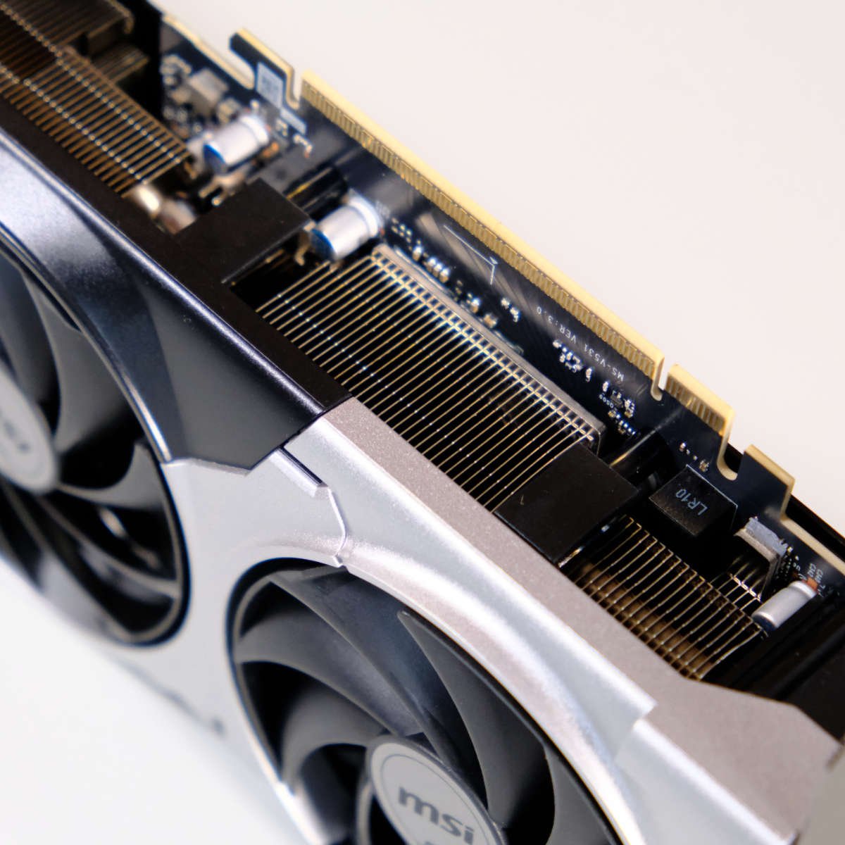 Close-up of MSI GeForce RTX 5070 Ti Ventus 3X PCIe connector.