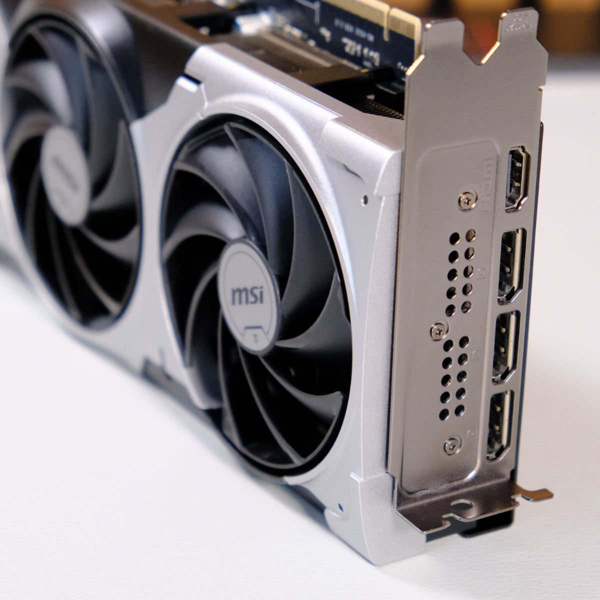 Close-up of MSI GeForce RTX 5070 Ti Ventus 3X visual ports, including three DisplayPort 2.1 and a single HDMI 2.1.