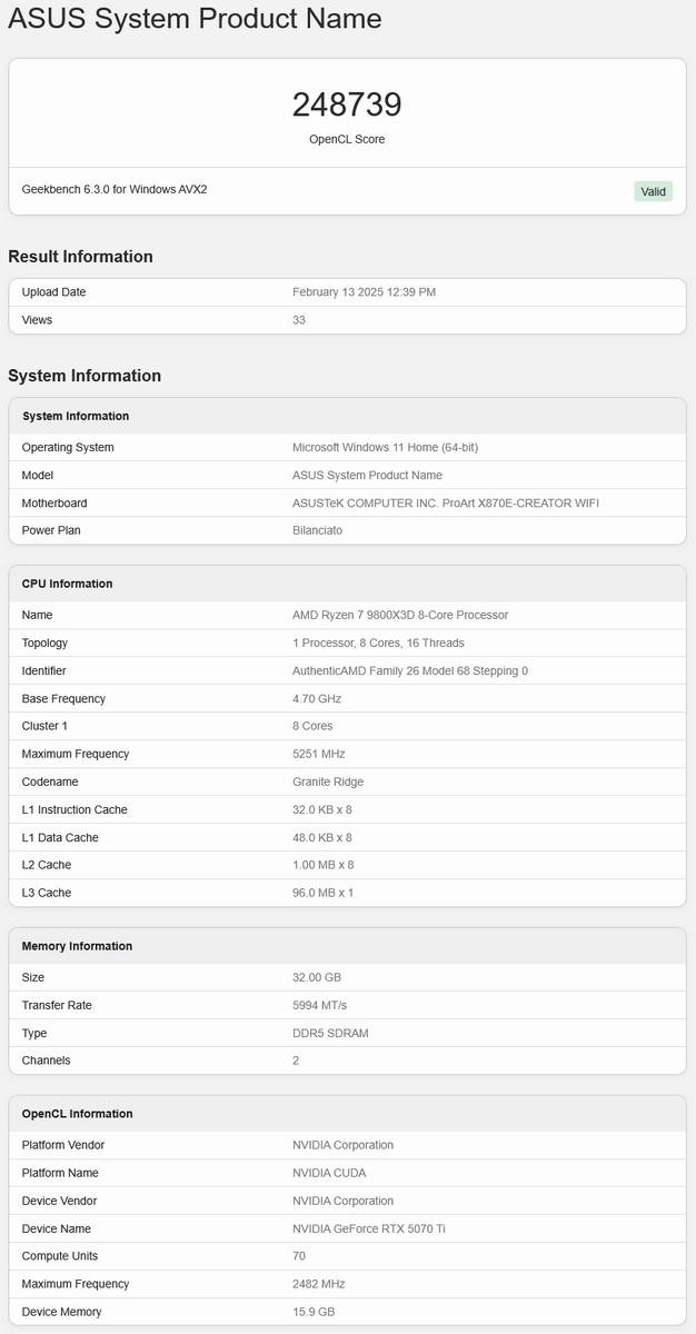 Nvidia RTX 5070 Ti Geekbench results.