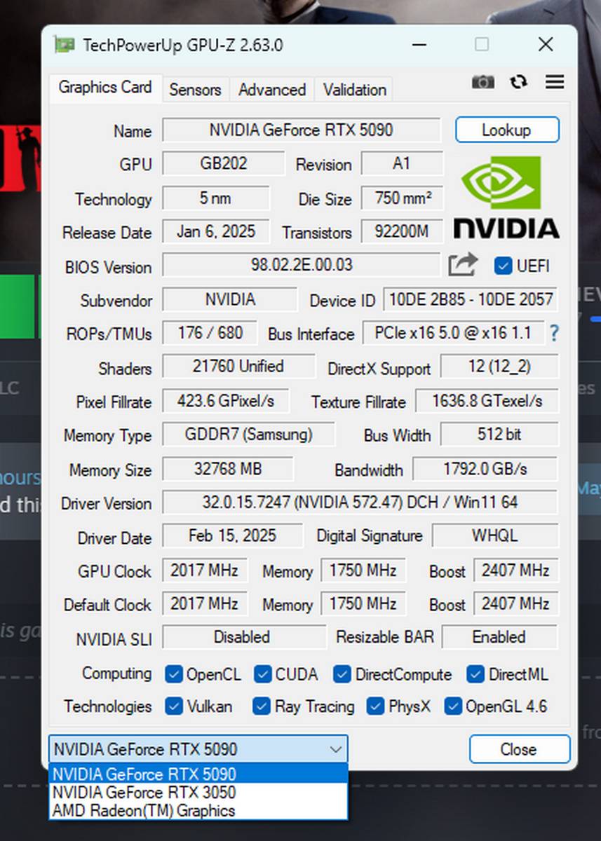 Nvidia RTX 5090 and RTX 3050 in GPU-Z.