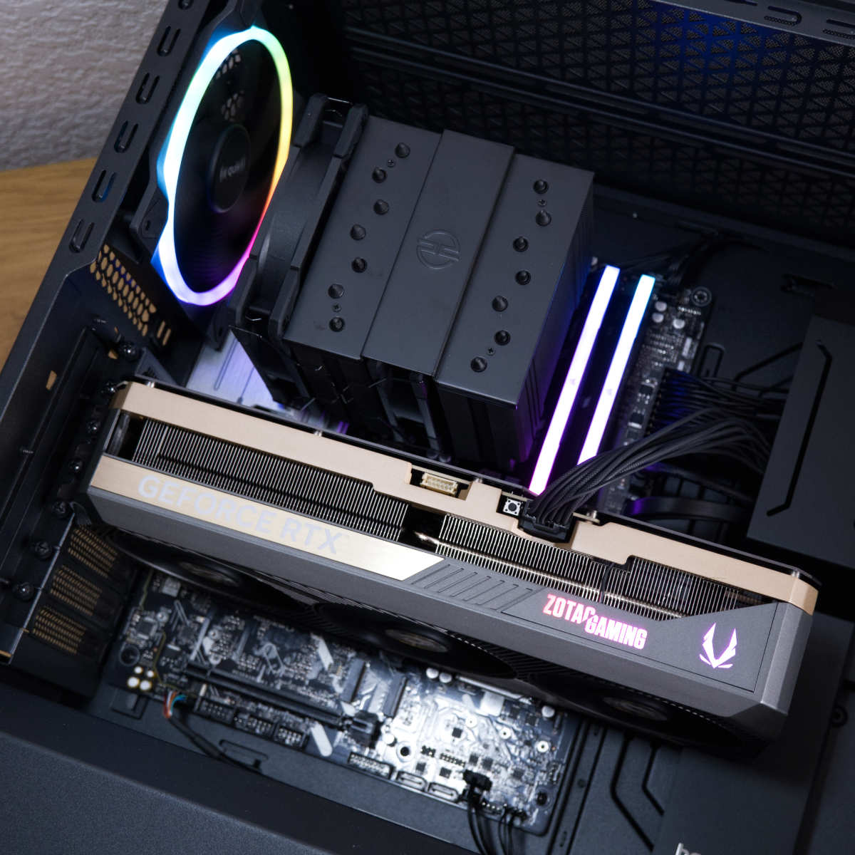 Nebula Ultra R internal components, powered on, the majority giving an RGB lightshow.