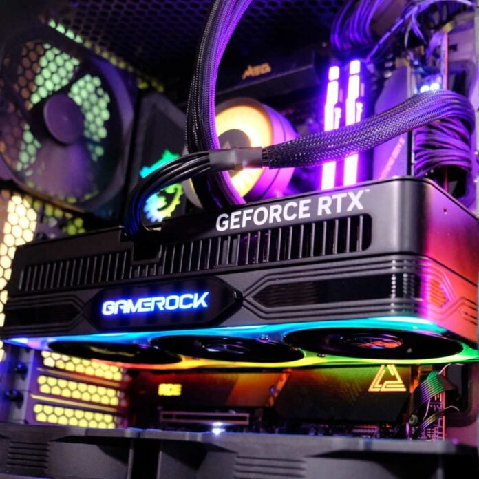 Palit GeForce RTX 5070 Ti GameRock in situ, glowing RGB lighting.