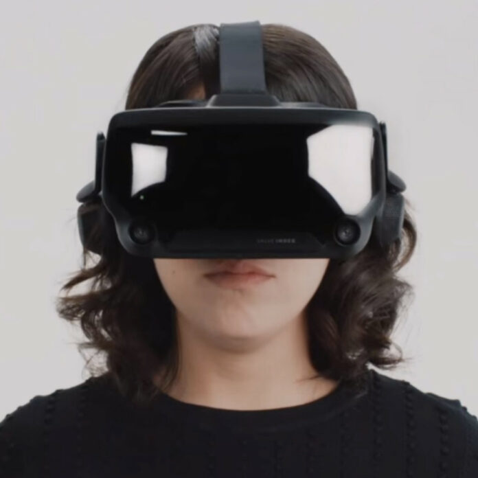 Valve Index VR headset worn by someone facing forward.