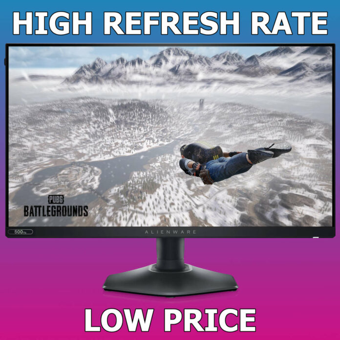 Alienware AW2524HF monitor, surrounded by text 'High Refresh Rate' (top) and 'Low Price' (bottom).