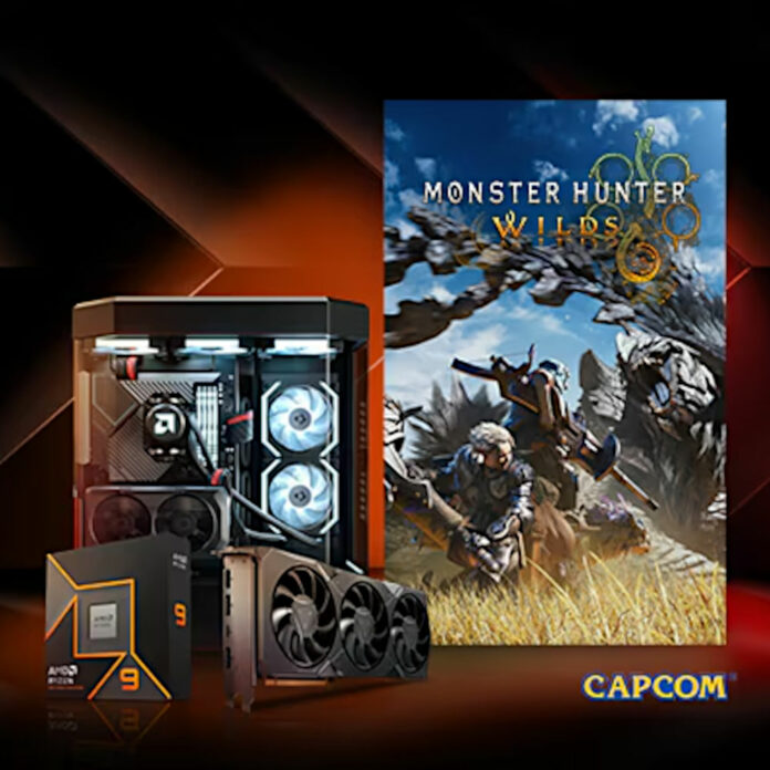 AMD Ryzen and Radeon components, alongside a PC, (left) stand next to Monster Hunter Wilds key art (right).