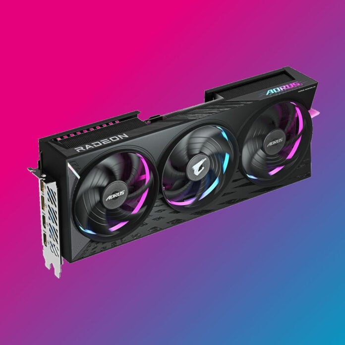 Gigabyte Radeon RX 9070 XT graphics card against a pink-blue backdrop.