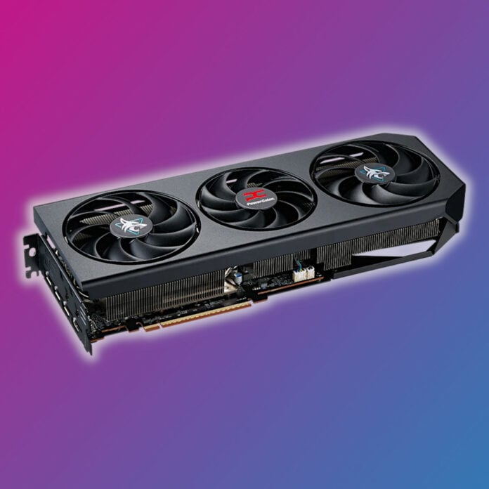 PowerColor Radeon RX 9070 XT Hellhound graphics card, surrounded by a white glow, against a pink-blue background.