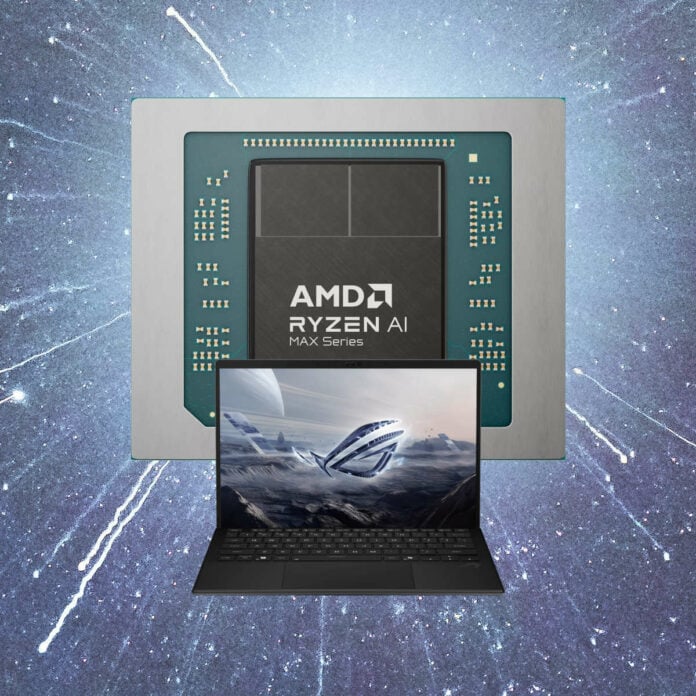 AMD Ryzen AI Max 300 Series processor, stands tall over an Asus ROG Flow 13 (2025), streaks of blinding light glowing behind them.