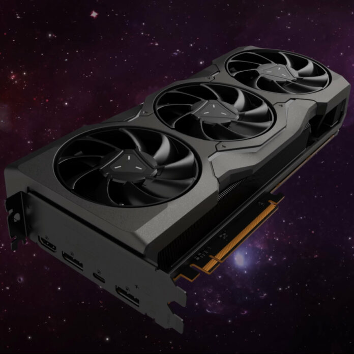 Radeon RX reference graphics card, floating against a dark space-like background.