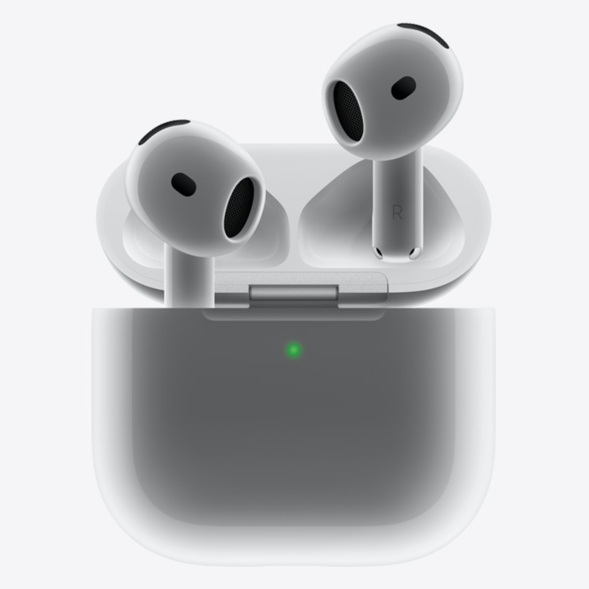 Apple AirPods 4 buds peeking out of their charging case.