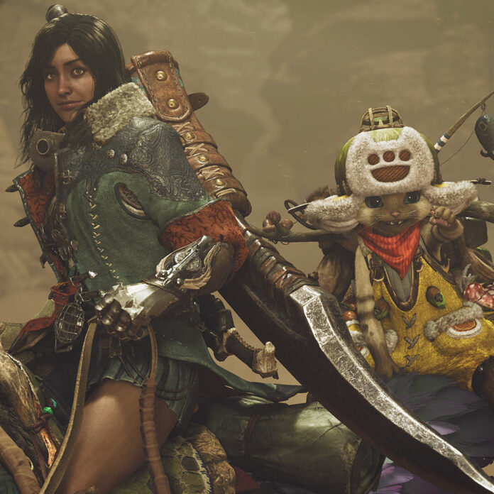 Characters from Monster Hunter Wilds, one human (left) and the other cat (right).