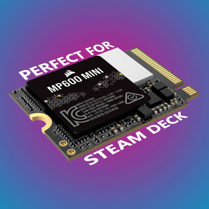 Corsair MP600 Mini SSD, against a blue-pink background, surrounded by text 'Perfect for Steam Deck'.