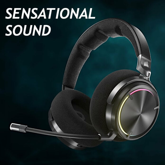 Corsair Virutoso Max wireless headset floating against a dark green-black backdrop, with the phrase 'sensational sound' floating above it.