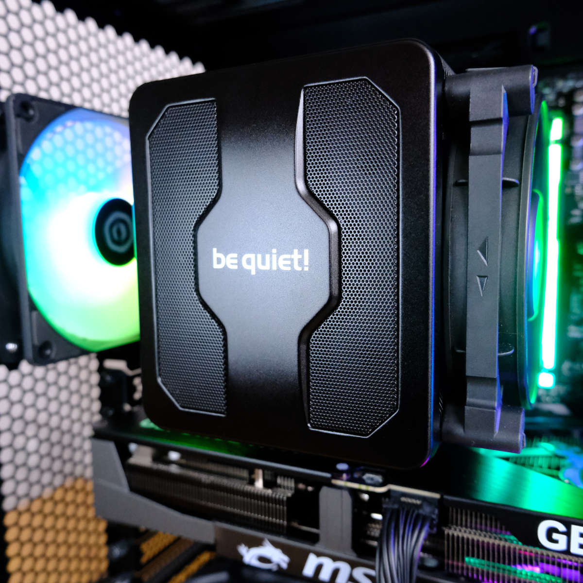 Close up of be quiet! Dark Rock Pro 5 cooler in CyberpowerPC Ultra 5080.