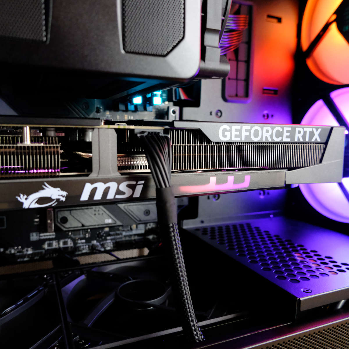 Close up of MSI GeForce RTX 5080 Gaming Trio in CyberpowerPC Ultra 5080.