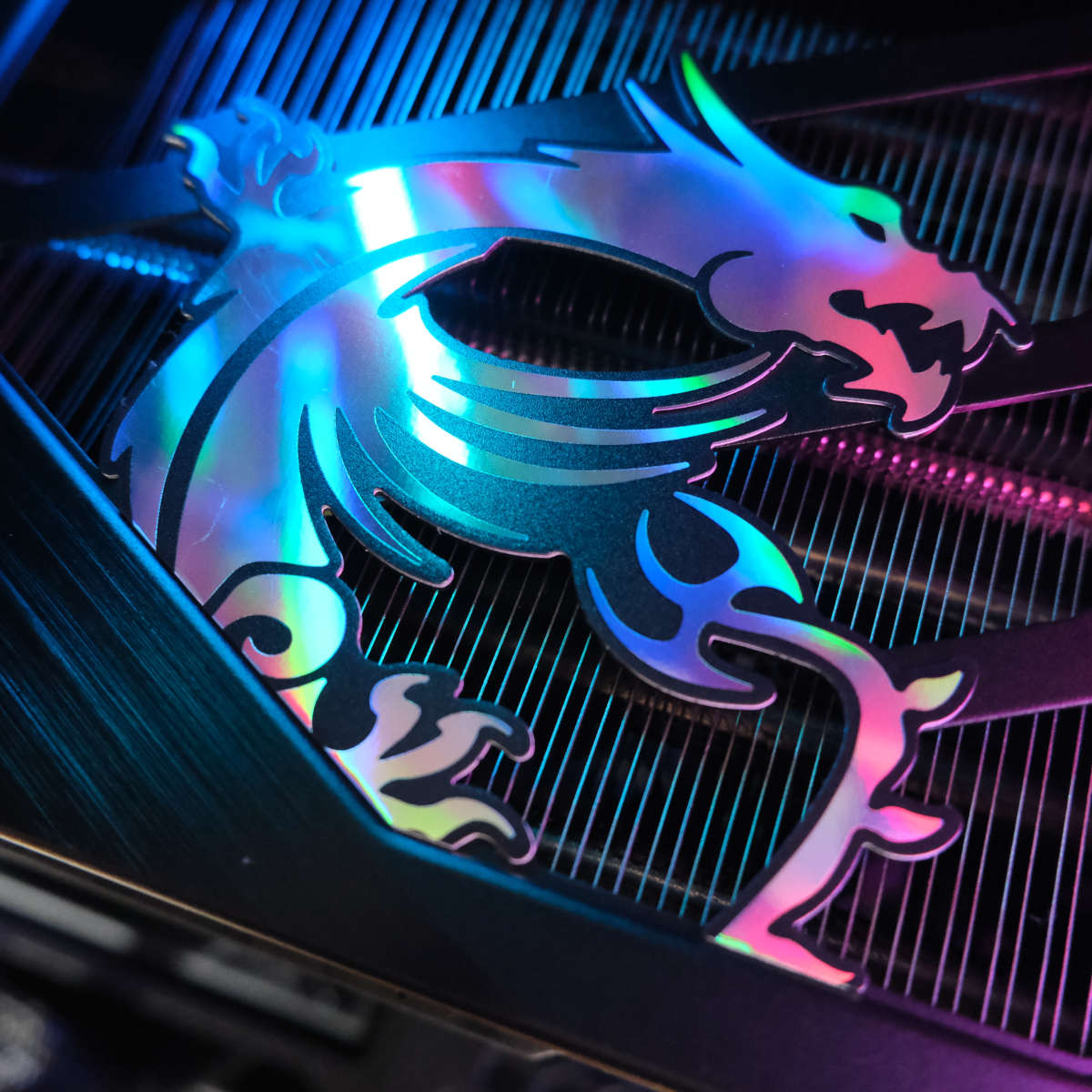 Close up of MSI dragon logo on GeForce RTX 5080 Gaming Trio graphics card in CyberpowerPC Ultra 5080.