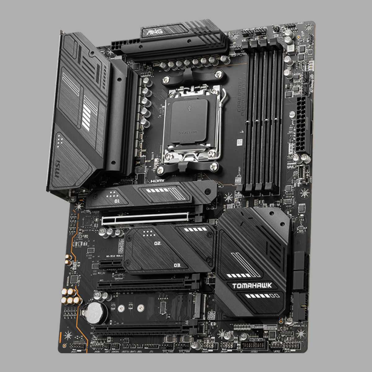 MSI MAG X670E Tomahawk WiFi motherboard against a grey background.