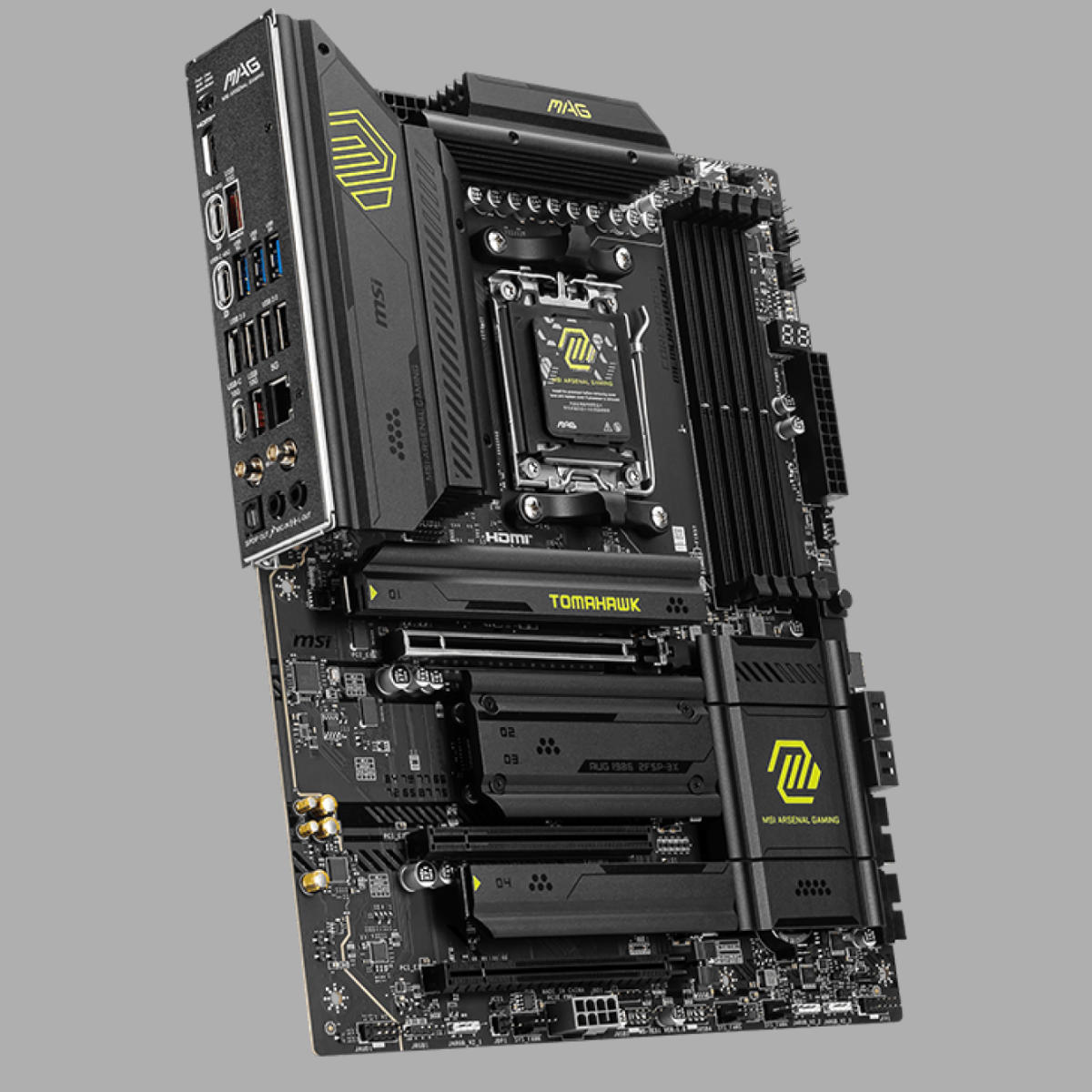 MSI MAG X870 Tomahawk WiFi motherboard against a grey background.