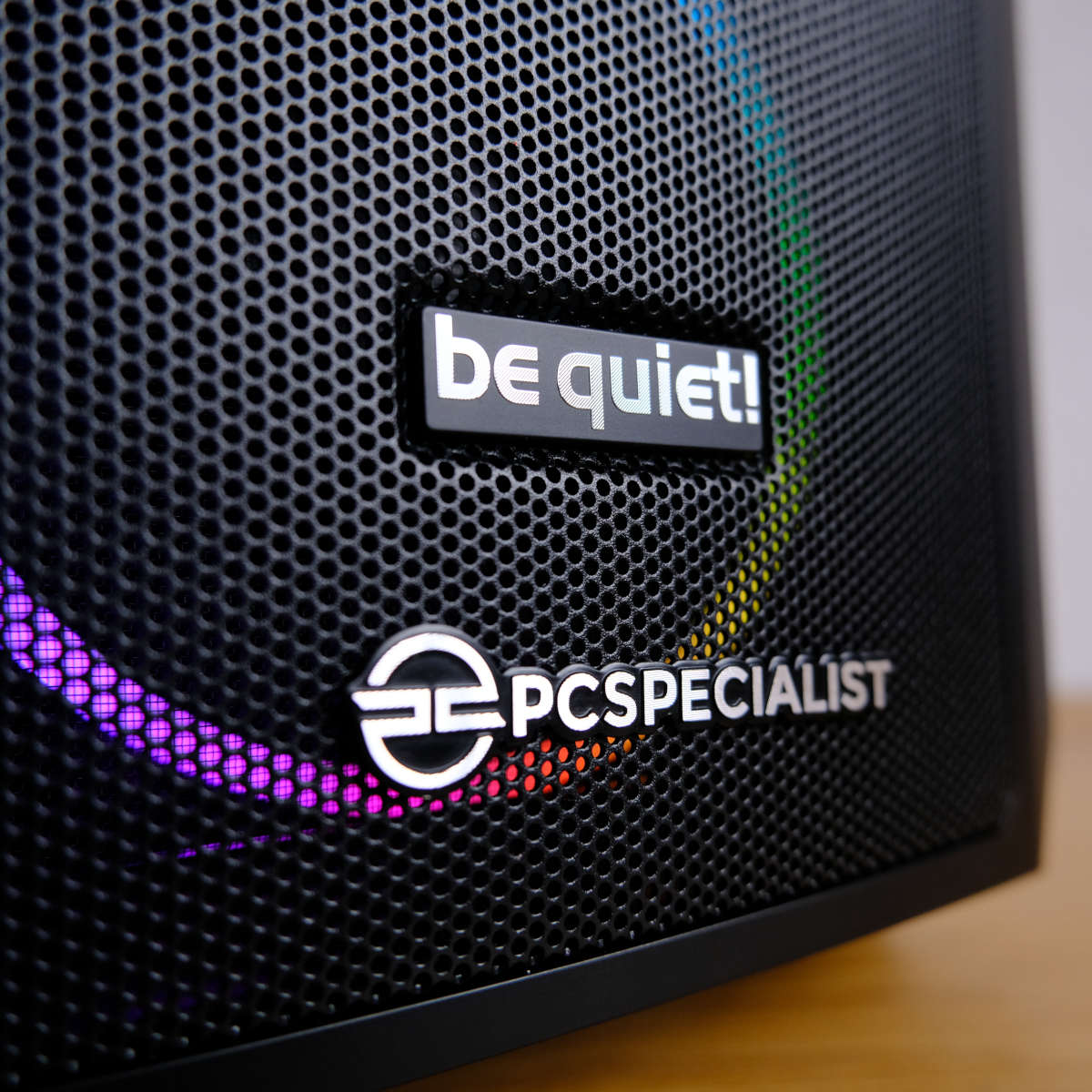 Close up of be quiet! and PCSpecialist logos on Nebula Ultra R.