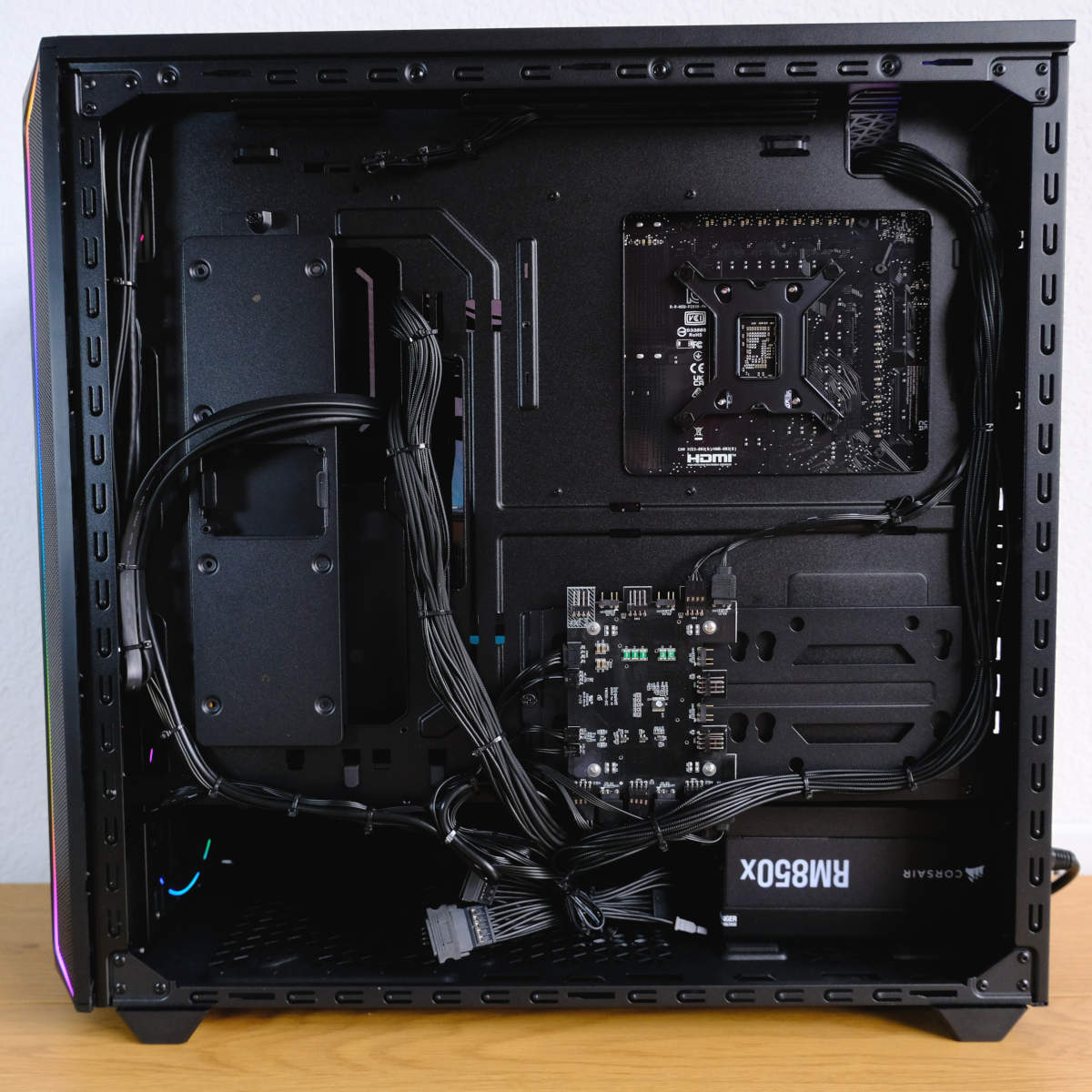 Wide shot of back panel of PCSpecialist Nebula Ulta R, showing great cable management.