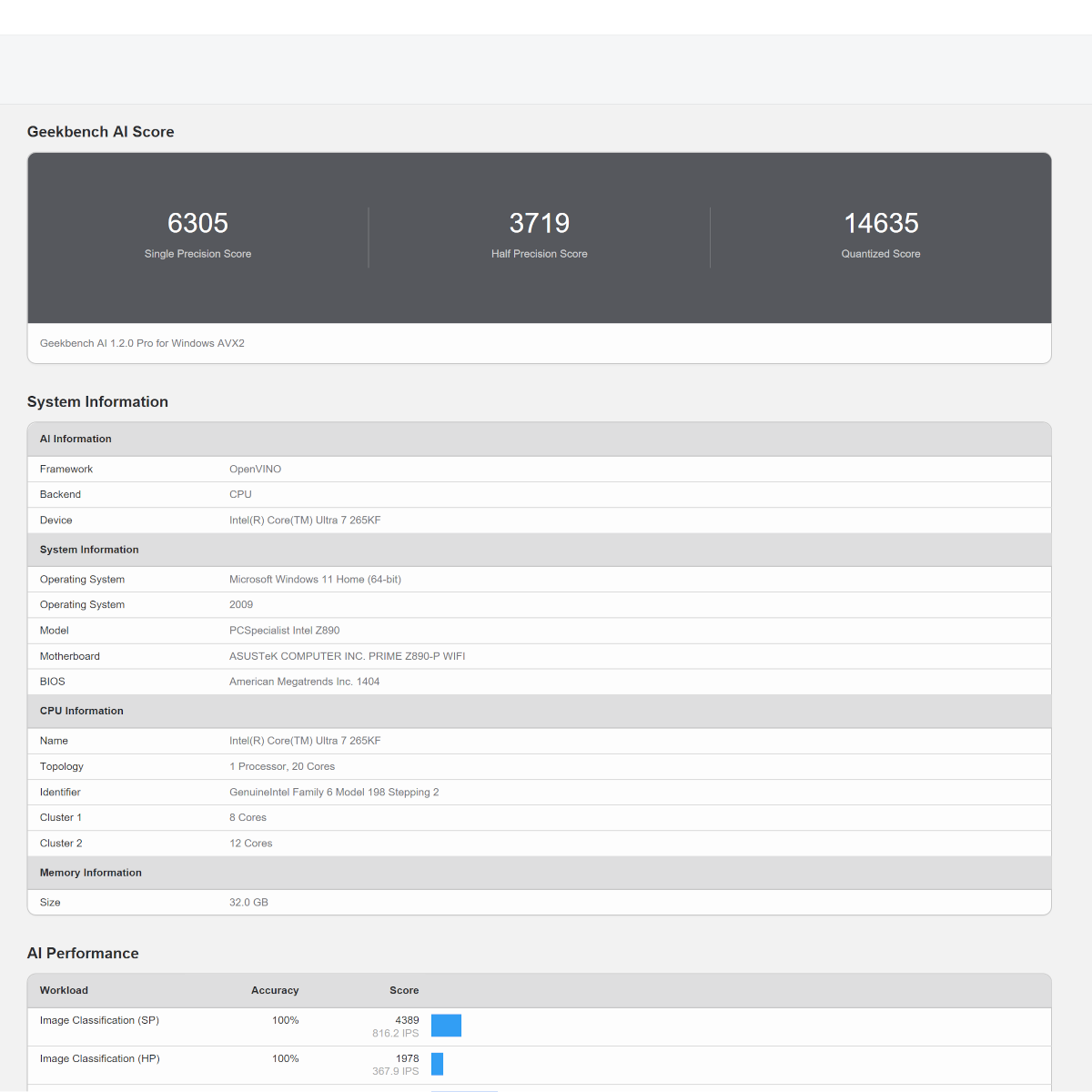 Geekbench AI results for PCSpecialist Nebula Ultra R, running OpenVINO framework on its CPU.