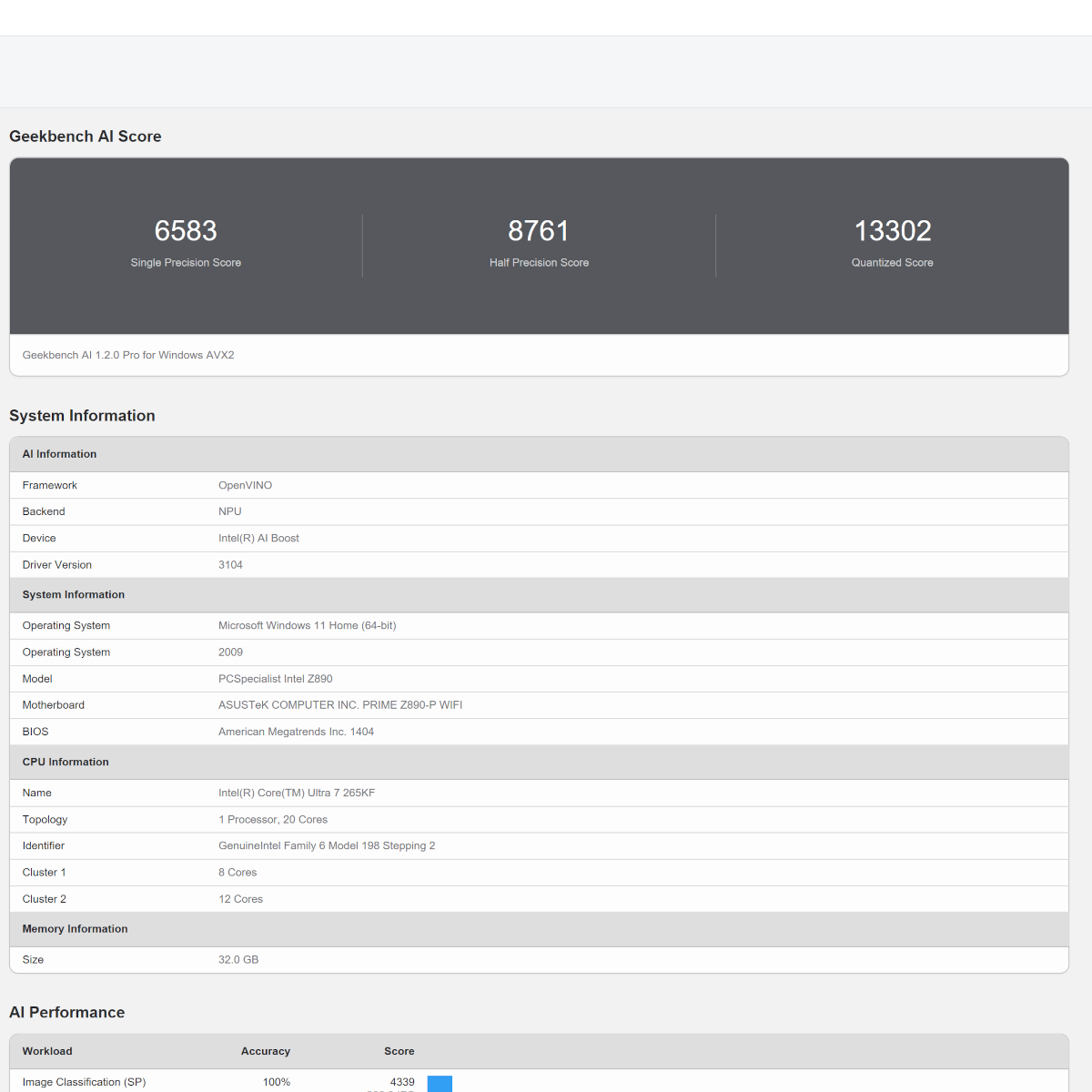 Geekbench AI results for PCSpecialist Nebula Ultra R, running OpenVINO framework on its NPU.