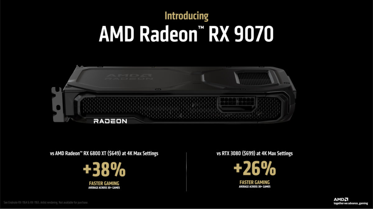 Radeon RX 9070 MBA artistic rendering, surrounded by text claiming that it is 38% faster than RX 6800 XT at 4K and 26% faster than GeForce RTX 3080 at 4K.