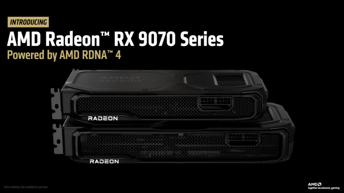 Radeon RX 9070 series graphics cards, stacked on top of one another.